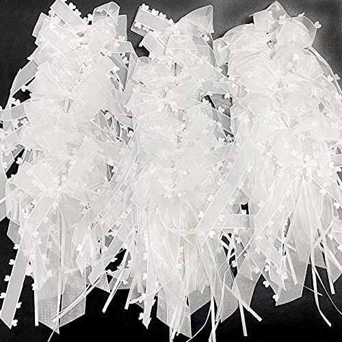 ZCXG 30 lazos decorativos vintage para bodas y antenas del coche, color blanco con corazones, hechos a mano, cinta de satén para coche, boda, decoración de mesa, decoración festiva Cover