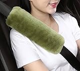 Dotesy Auto Genuine Sheepskin Seat Belt Cover, Universal Fuzzy Pure Wool Car Seatbelt Cover Shoulder Pads for Adults Kids Children,Safety Belt Strap Chest Protector Neck Cushion,Bean Green
