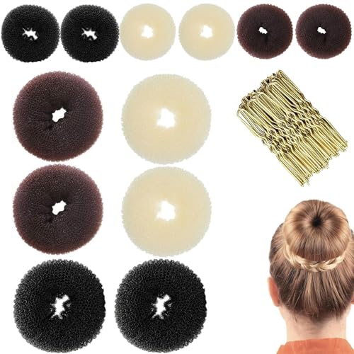 12 Pack Hair Donuts for Buns 25 Pcs U Shaped Hair Clips Nylon & Steel Hair Doughnut Bun in Brown Black Beige Small (6cm) Medium (8cm) Bun Donuts for Hair Styling Donuts Maker for Dancer