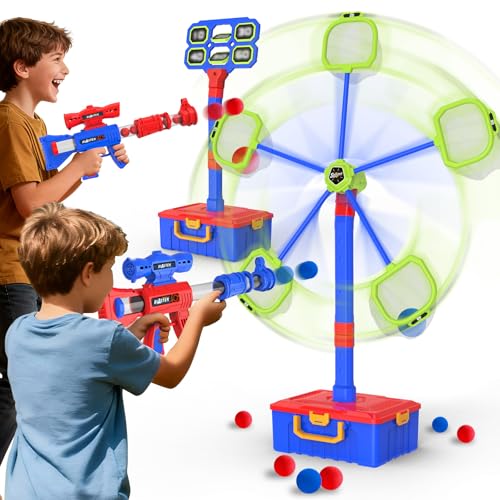 2 IN 1 Shooting Game Toys For 5 6 7 8 Year Old Kids, Moving Standing Shooting Target & 2 PCS Foam Ball Popper Air Toy Guns, 24 Foam Balls, 2 Player Boy Toys For Boy Kids, Gifts for Boys and Girls