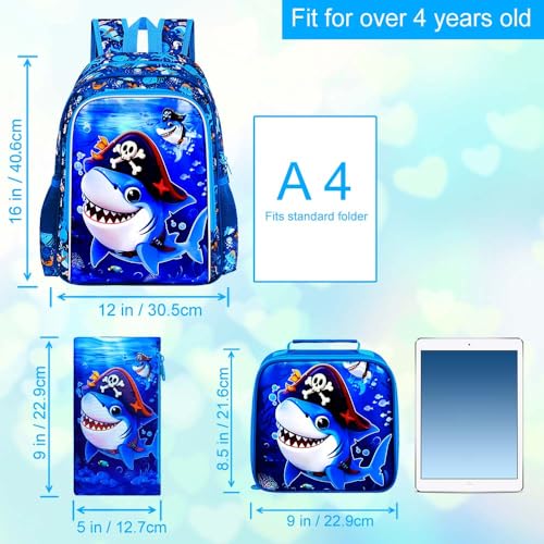 Image of 3Pcs Shark Backpack for Boys, 16 inch Kids Bookbag Set for Elementary Preschool Kindergarten, School Backpacks with Lunch Box(Blue)