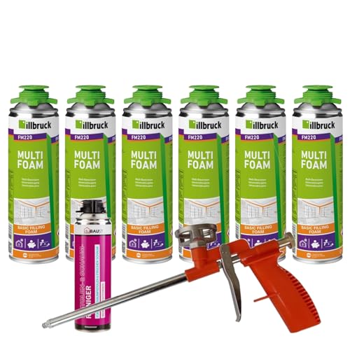 FM220 Bauschaum Montageschaum Pistolenschaum Multischaum Fensterschaum hohe Schalldämmung Wärmedämmung 500ml Kombisets (mit Reiniger AA290 + Schaumpistole Compact, 6x 500ml)