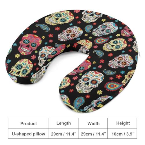 Image of Cute Decorative Travel Neck Pillow Memory Foam Chin Cushion Vintage Paisley Sugar Skull, Washable Cover for Women Airplane Car Home Sleeping Rest