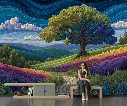 Papel Pintado Árboles En La Colina Papel De Pared, Decoracion Salon Dormitorio Estilo Ilustración Fantasía Murales Póster Moderno Fotomurales Decorativos Pared, 450 X 315 Cm