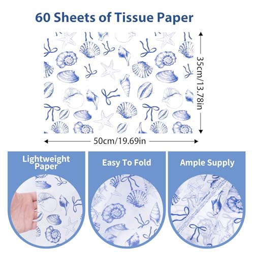 Image of Larcenciel Ocean Blue Tissue Paper, Coastal Starfish Conch Seashell Tissue Paper for Gift Bags, Wrapping, Craft, Decoupage Art Packing Supplies for Wedding, Birthday, Holiday Decor, 60 Sheets 20x14in