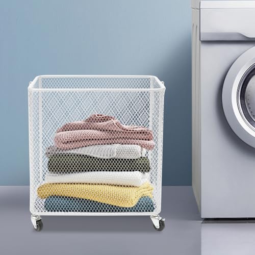 Image of Wire Metal Rolling Laundry Basket On Wheels,Mesh Wire Laundry Basket Storage Cart for Bathroom Bedroom Dirty Clothes Storage (H)