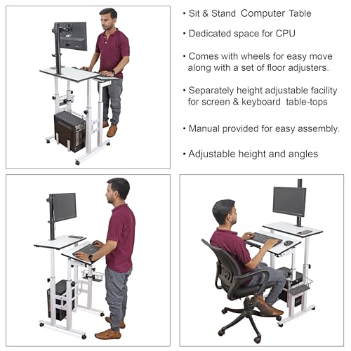 Image of Isomars Computer /Laptop Table with Adjustable Height & Angles, Sit Stand Table, Computer Desktop Workstation with Fixed Monitor Mount - Useful for Using Gadgets Like Desktop, Laptop, etc. (White)