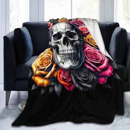 VODRM Horror-Totenkopf-Decke, Geschenke für Kinder und Erwachsene, weich, warm, leicht, gemütlich, weiße und schwarze Totenköpfe, Rose… – Ansicht 2