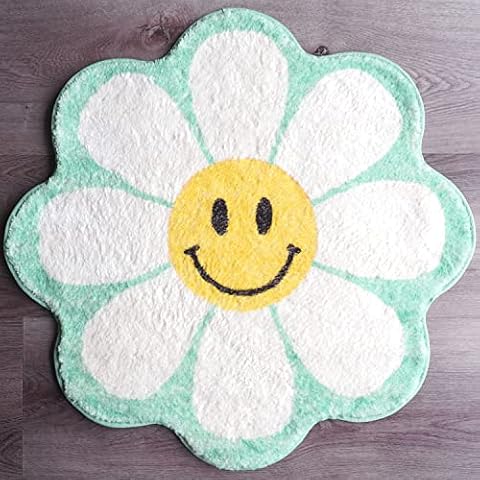 Evovee Green Flower Bath Mat Smiley Face Sunflower Funny Novelty Cute Bathroom Rugs Mint Aqua Teal Turquoise Rug Shower Funny Bathroom Decor Fun Cute Bath Mat Non-Slip Washable Cover