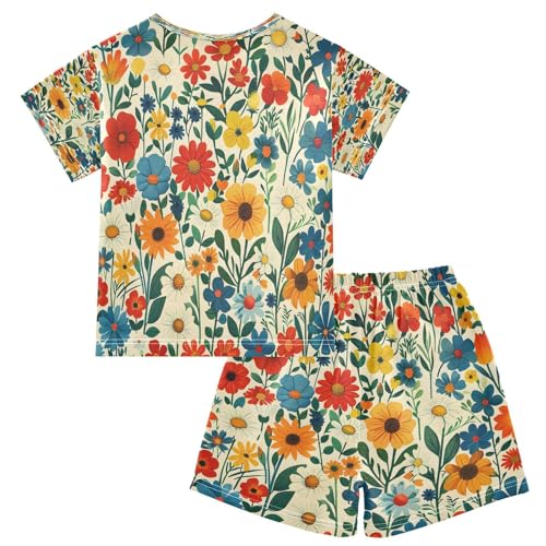 senya Short Sleeve Pajamas Sets Summer Cotton Sleepwear Flower Tile White Color Yellow Red2