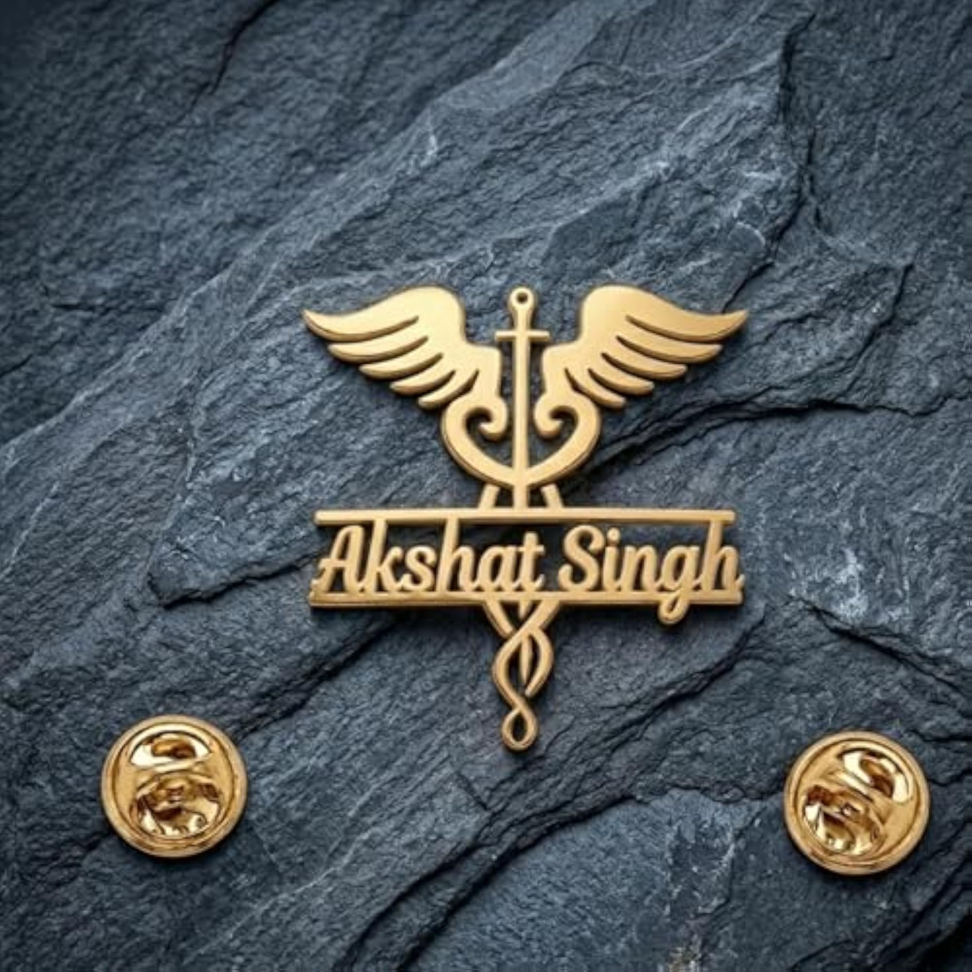 Personalized Doctor Name Brooch Pin with Caduceus Symbol