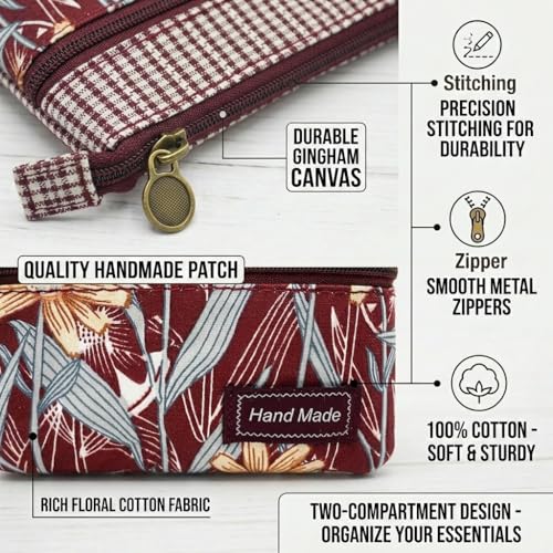 Image of Women Small Zipper Coin Purse, Handmade Fabric Flower Embroidered Change Pouch, Cotton Double Zipper Wallet
