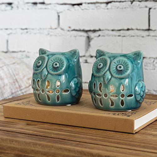 Mygift Teal Ceramic Tealight Candle Holder With Openwork Owl Shaped Design, Set Of 2 #TOP1
