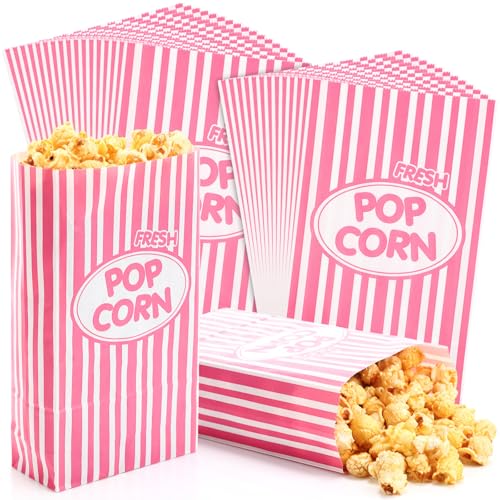 Image of Potchen 200 Pcs Paper Popcorn Bags Bulk 2 oz Large Individual Serving Popcorn Bag Flat Bottom Disposable Container Vintage for Movie Night Themed Summer Back to School Party Carnival (Pink)