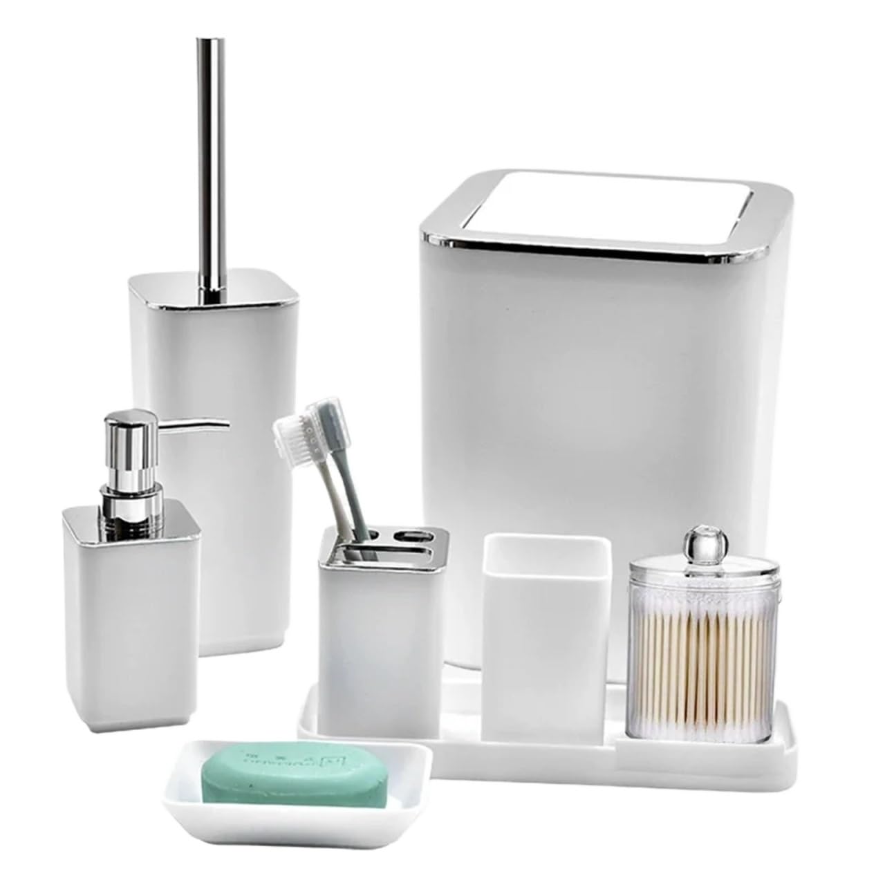 Bathroom Soap Dispenser Set 1Set Soap Dispenser Box Toilet Brush Lotion Bottle Trash Can Bathroom Storage Set Toothbrush Cup Holder(Color2)