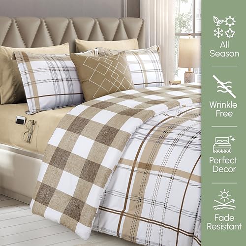 Image of Elegant Comfort 8-Piece Lodge Plaid Reversible Comforter Set - All Season Bed in a Bag, 4-Piece Sheet Set Featuring Smart Pockets, Matching Shams and Decorative Pillow, King /California King, Taupe