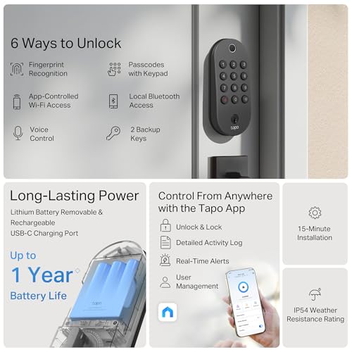 Image of Tapo Smart Wi-Fi Deadbolt Door Lock - Fingerprint Recognition, Keyless Tactile Buttons & in-App Monitoring, Auto-Lock, IP54, BHMA Certified, Compatible with Standard Door Sizes, Tapo DL105