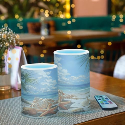 Image of Flickering Flameless Candles, Starfish Seashell Beach Palm LED Candles with Remote Timer, Set of 2 Battery Operated Candle for Valentine Wedding Birthday