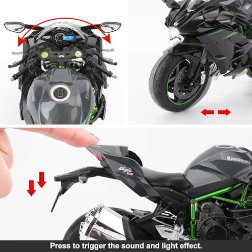 BDTCTK Compatible for 1:9 Kawasaki Ninja H2R Motorcycle DieCast Model, Suspension and Free Roller, Toy Car, Motorcycle Collection, Gift Black - Image 4
