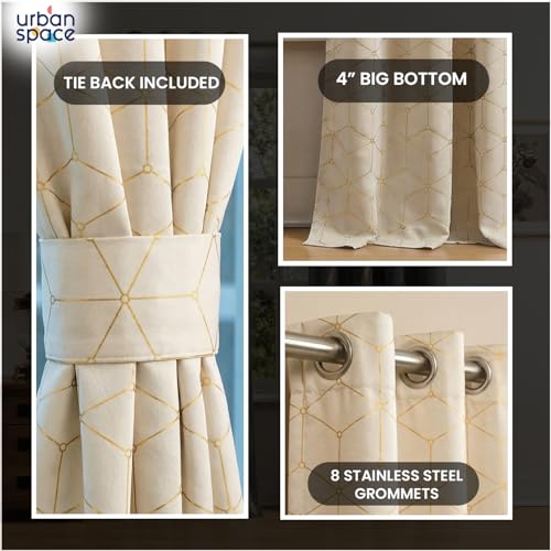 Image of Urban Space 80-85% True Blackout Curtains for Long Door, Gold Foil Printed Blackout Curtains, Blackout Decorative Door Curtain Eyelet with Tieback, 1 Piece Curtain for Living Room(Hex Beige, 8 Feet)
