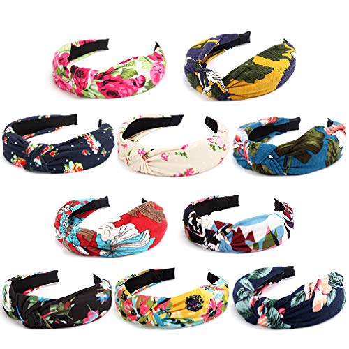 Amcami 10 Pack Bow Knotted Floral Twist Turban Headband, Bohemian Wide Bows Headbands, Elastic Plain and Cross Knot Retr