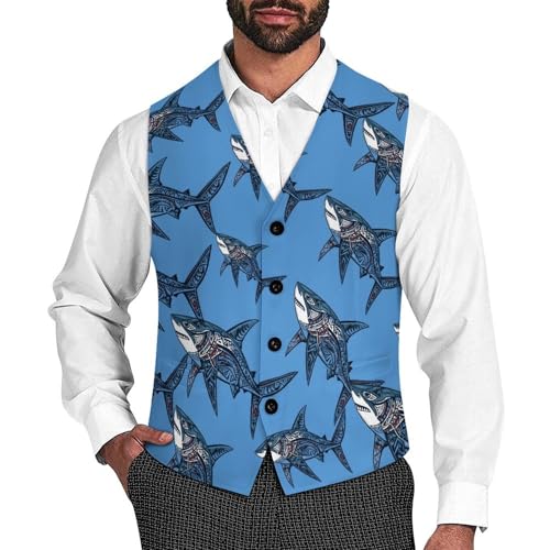 Pattern Shark Trendy Vest Suit for Men V Neck Formal Dress Waistcoat Vests Business Slim Fit