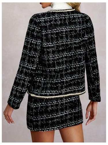 Women's 2 Piece Outfits Plaid Button Front Long Sleeve Tweed Jacket and Mini Skirt Elegant Set2