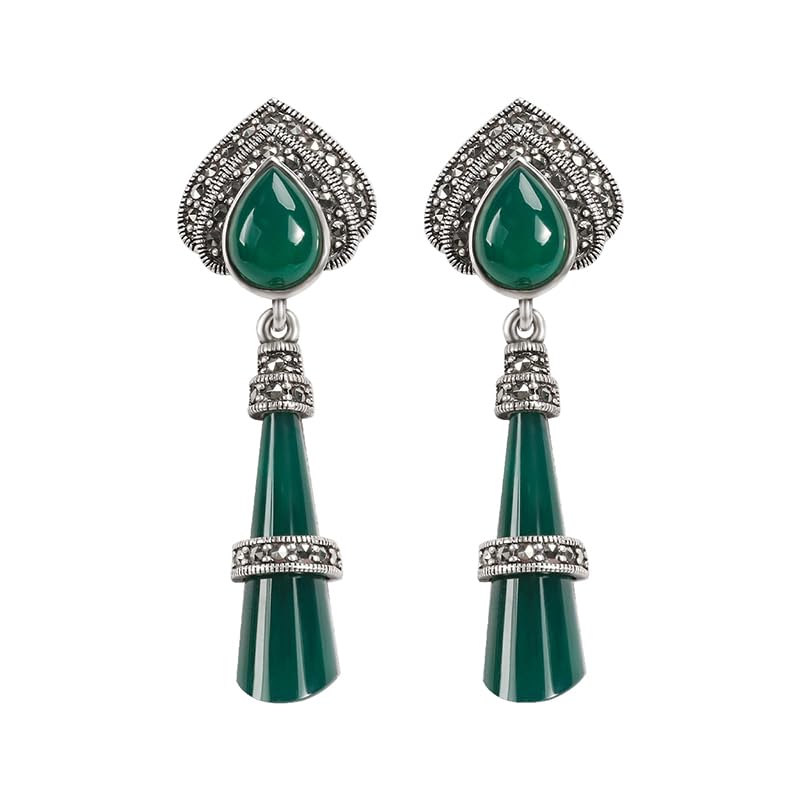 Pendientes colgantes de calcedonia marcasita de plata de ley 925, colgantes tailandeses vintage para mujer