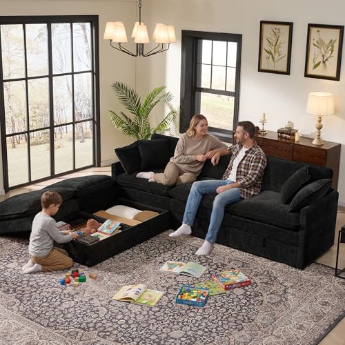 Image of Ihanherry 103 inch Modular Sectional Sofa with Storage, U Shaped Cloud Couch with Movable Ottomans & 4 Pillows, Chenille Deep Seat Sectional Couches for Living Room, Apartment (Black)