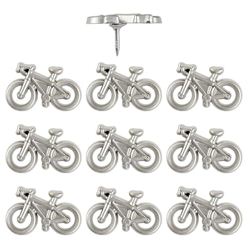 Bicycle Push Pins - Silver Metal Bike Pins - for Cork Board, Maps, or Lapel Pin Use - Designed in USA - Set of 10