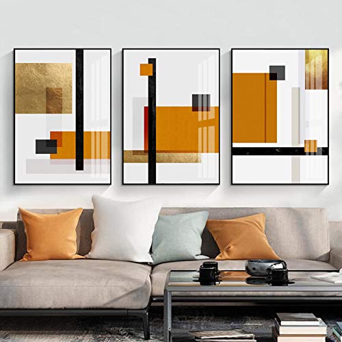Art abstrait jaune géométrique : lot de 3 toiles de salon contemporain 30x45cm