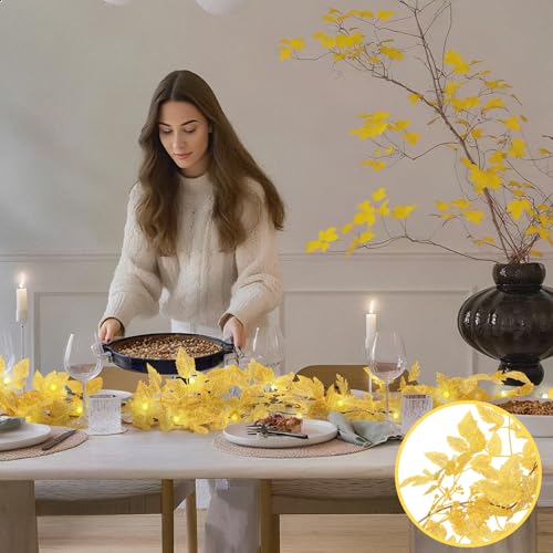 Image of Neutral Fall Garland for Mantle Fireplace - 2 Pack 6Ft Plum Cimicifuga Seeded Leaf Garlands Yellow Autumn Decor Table Decorations for Home Indoor Door Halloween Realistic Leaves Garlands Outdoor