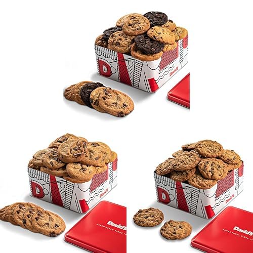David's Cookies Triple Treat Cookie Gift Set - 2lbs Assorted Flavors Fresh Baked Cookies Gift Tin, 2lbs Chocolate Chunk Fresh Baked Cookies Tin, and 2lbs Oatmeal Raisin Fresh Baked Gourmet Cookies