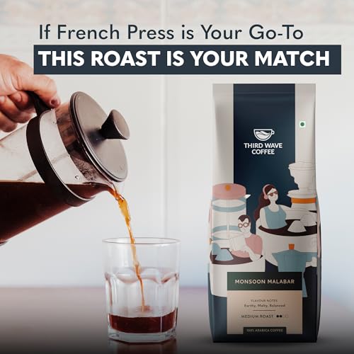 Image of THIRD WAVE COFFEE Arabica Monsoon Malabar Coffee, Medium Roast, Coarse Grind for French Press Style, 250g