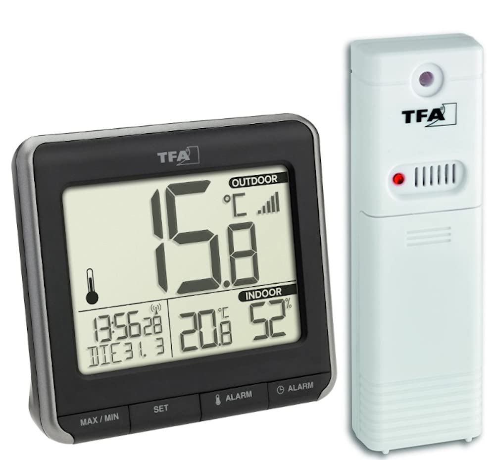 TFA Dostmann Prio termometr wewnątrz/na zewnątrz, 30.3069.01, cyfrowy, z nadajnikiem zewnętrznym, z zegarem radiowym, datą, dniem tygodnia, czarny z bateriami