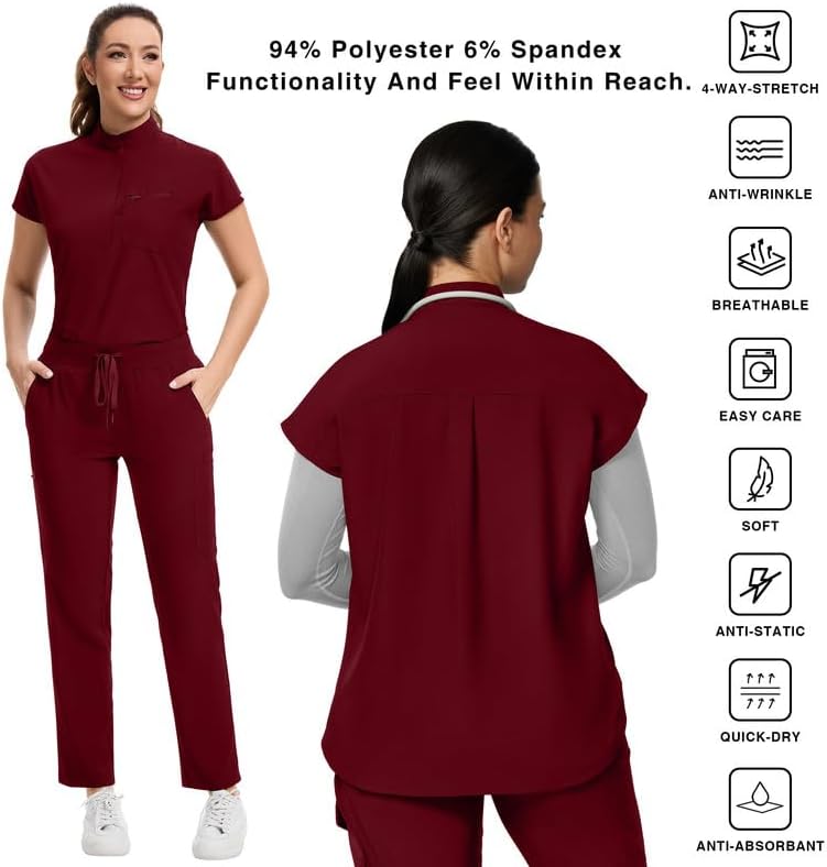 Kitmaz Women's Scrub Set - Convertible Mandarin/V-Neck Top & Straight Pants, 13 Pockets, Wrinkle & Splash Resistant Fabric - Image 5