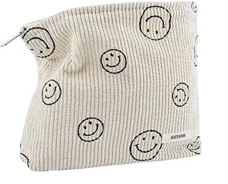 EZ LIVING 1pcs beige color smile face makeup bag for women Stylish Corduroy Cosmetic Bags for Women That Scream Aesthetic Elegance-image-40