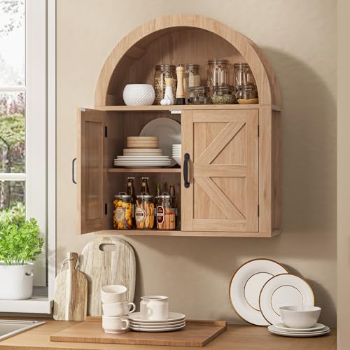 Image of Halitaa Arched Bathroom Wall Cabinet, Farmhouse Medicine Cabinet with Barn Door and with Adjustable Shelf, 23.6 x 28.7'' Wooden Storage Cabinet Wall Mounted for Bathroom Laundry Room Kitchen, Natural