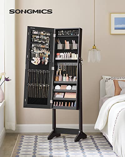 Image of SONGMICS Jewelry Cabinet Armoire, Freestanding Lockable Storage Organizer Unit with 2 Plastic Cosmetic Storage, Full-Length Frameless Mirror, for Necklace Earring, Black UJJC002B01