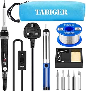 Tabiger Soldering Iron Kit with Lead Free Solder Wire 50g, Soldering Iron with ON/Off Switch, Desoldering Pump, 5pcs Replacement Tips, Soldering Iron Stand, Cleaning Sponge and a Tool Bag