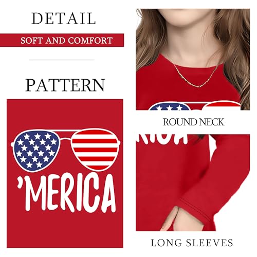 Image of Ithalt 4th of July Outfit Kids Girls American T Shirt USA T-Shirt Fourth of July Tops Patriotic Long Sleeve Tops