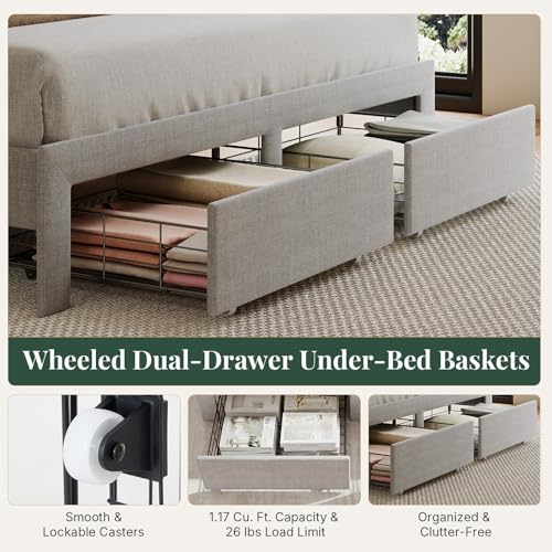Image of Queen Size Storage Bed Frame, Square Tufted Headboard, Platform Bed with 2 Underbed Drawers at Foot, Wooden Slats Support, No Box Spring Needed, Light Gray