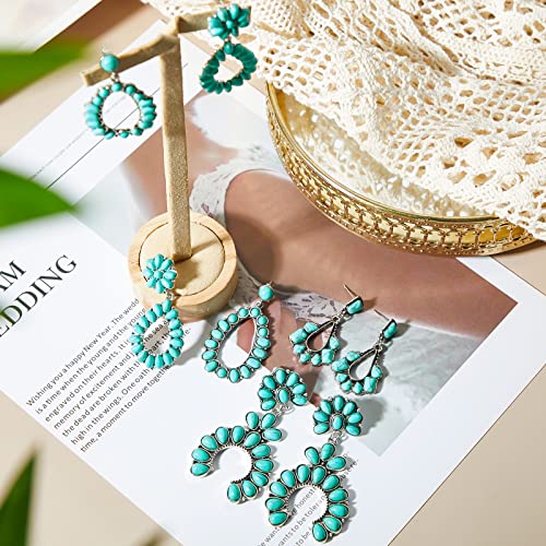Bonuci Turquoise Earring 4 Pairs Western Earrings for Women Bohemian Oval Dangle Metal Earrings Vintage Statement Teardrop Country Jewelry(Classic Style)4