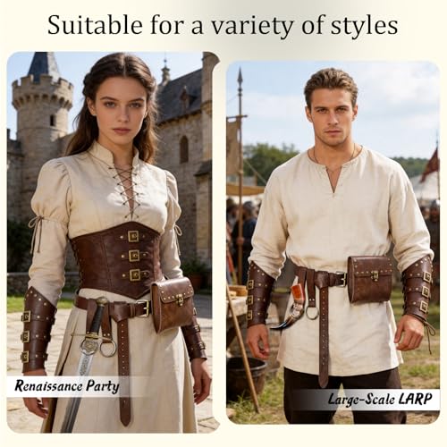Image of Renaissance Belt Pouch Medieval Viking Leather Bracers Set for LARP