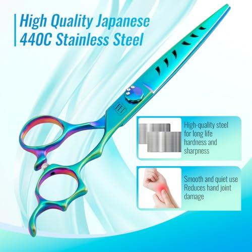 Dog Grooming Scissors: 7″ Straight Pet Shears Skeletonized blade Made Of Japanese 440C for Trimming Dogs Cats and Other Pets Green Dog Grooming Scissors: 7″ Straight Pet Shears Skeletonized blade Made Of Japanese 440C for Trimming Dogs Cats and Other Pets Green