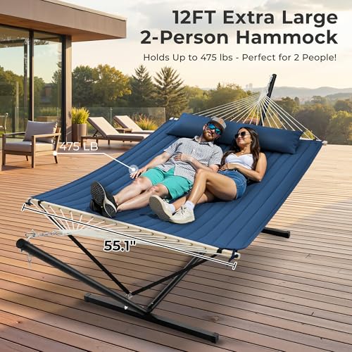 Image of SUPERJARE 12ft Double Hammock with Stand, Rope Hammock for 2 Person, Detachable Hammock Bed and Pillow, Portable, Anti-Tip Safety Ropes, Carry Bag, Outdoor Backyard Patio Camping, Navy Blue