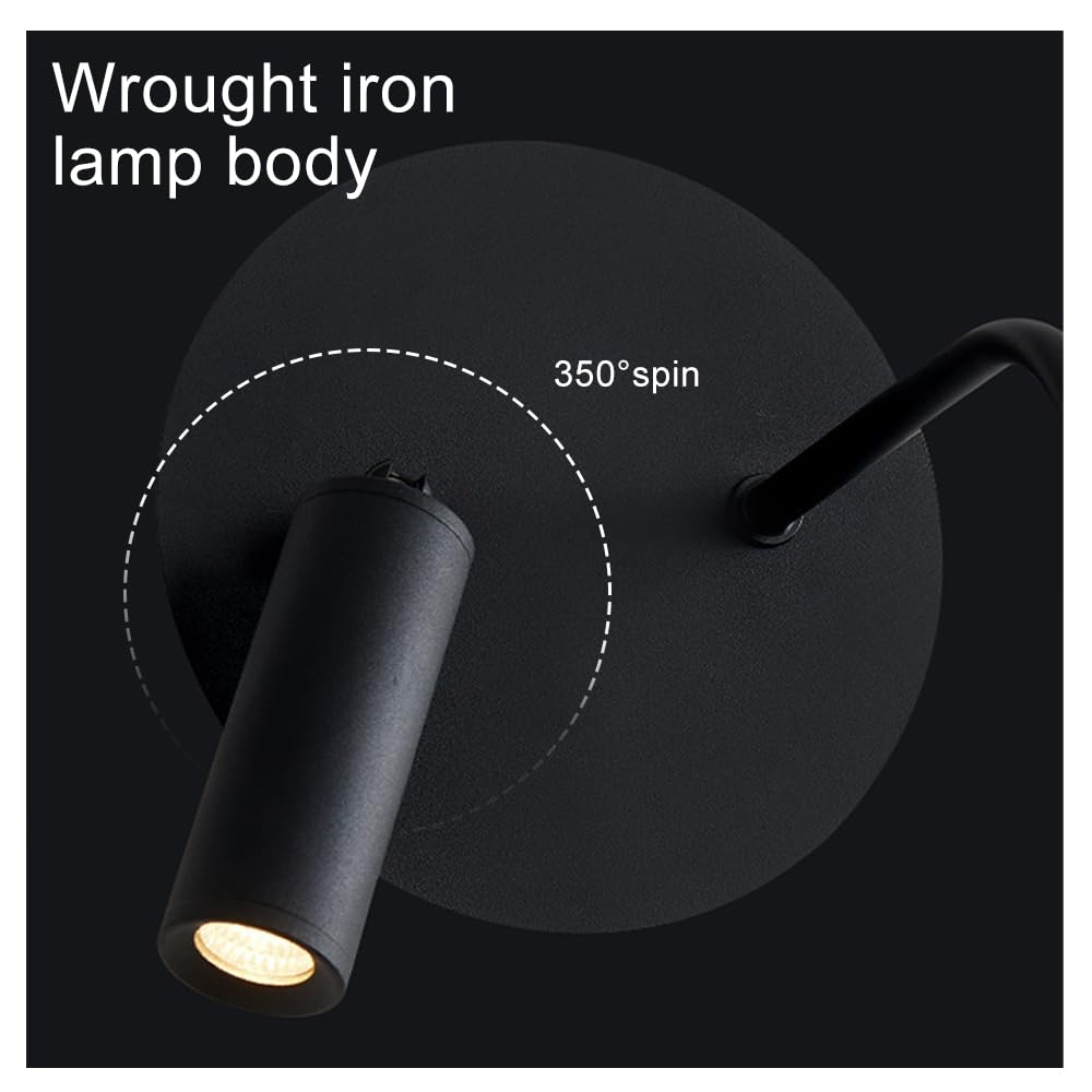 Lampada da Parete a Tubo Lungo, Lampada da Parete Moderna a LED con Piccolo Faretto Girevole e Orientabile, Lampade da Lettura da Comodino Nere, Applique da Parete con Flauto in Metallo per Camera da