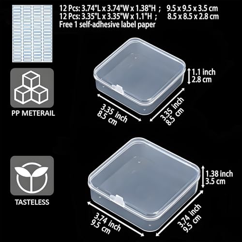 Image of 24 Pack Small Clear Plastic Containers with Lids, Mini Square Empty Storage Boxes, Bead Organizer and Craft Bins for Jewelry Making, Pins, Hardware - 12 Large (3.7 inch) and 12 Small (3.3 inch)