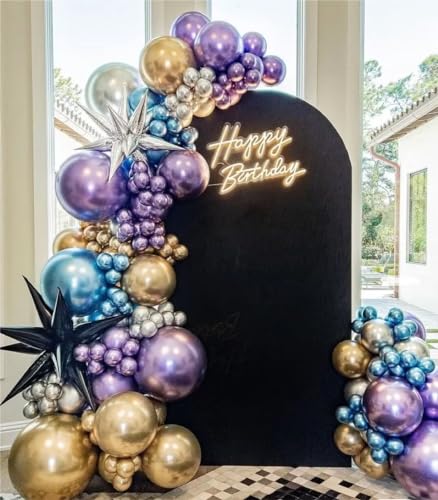 Image of MEBAY Grey Violet Maca Purple Gold Balloons Garland Arch Kit, 146Pcs Latex Balloons Different Sizes 18 12 10 5 Inch for Party Decoration Birthday Wedding Engagements Anniversary Baby Shower