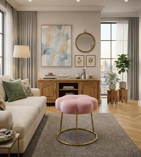 Image of Flower Ottoman Foot Stool for Bedroom and Living Room, Round Makeup Vanity Chair with Metal Legs and Soft Padded Seat-Pink